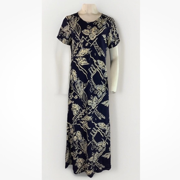 Hilo Hattie Sz M Hawaiian Hibiscus Print Maxi Shirt Dress Blue Rayon - Picture 1 of 7